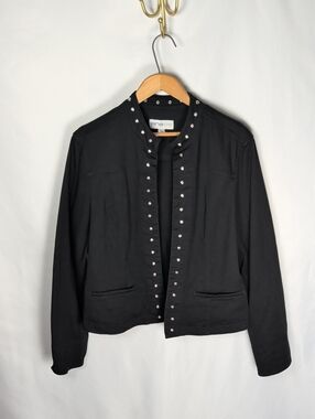 Lana Lee Black Rhinestone Embellished Open Front Cotton Blend Blazer Jacket 14